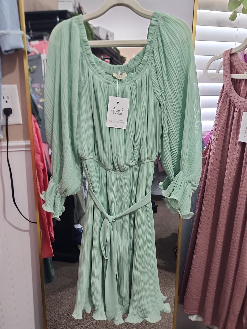 Mint Green Pleated Long-Sleeve Midi Dress with Tie Belt